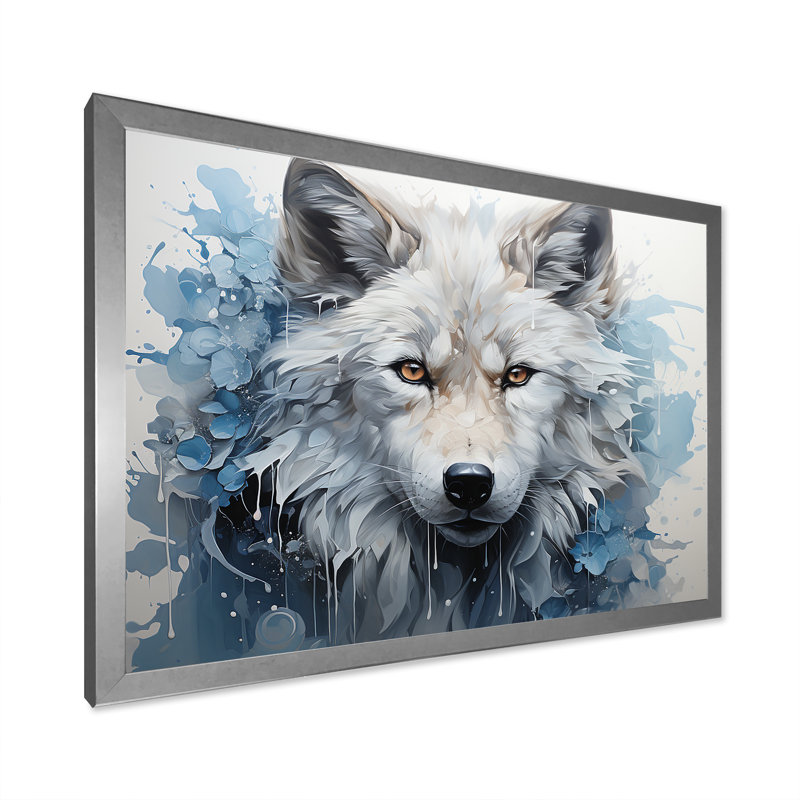 Portrait de renard bleu et blanc I sur toile, Cadre simple argenté, H 30 po x l 40 po x P 1,5 po