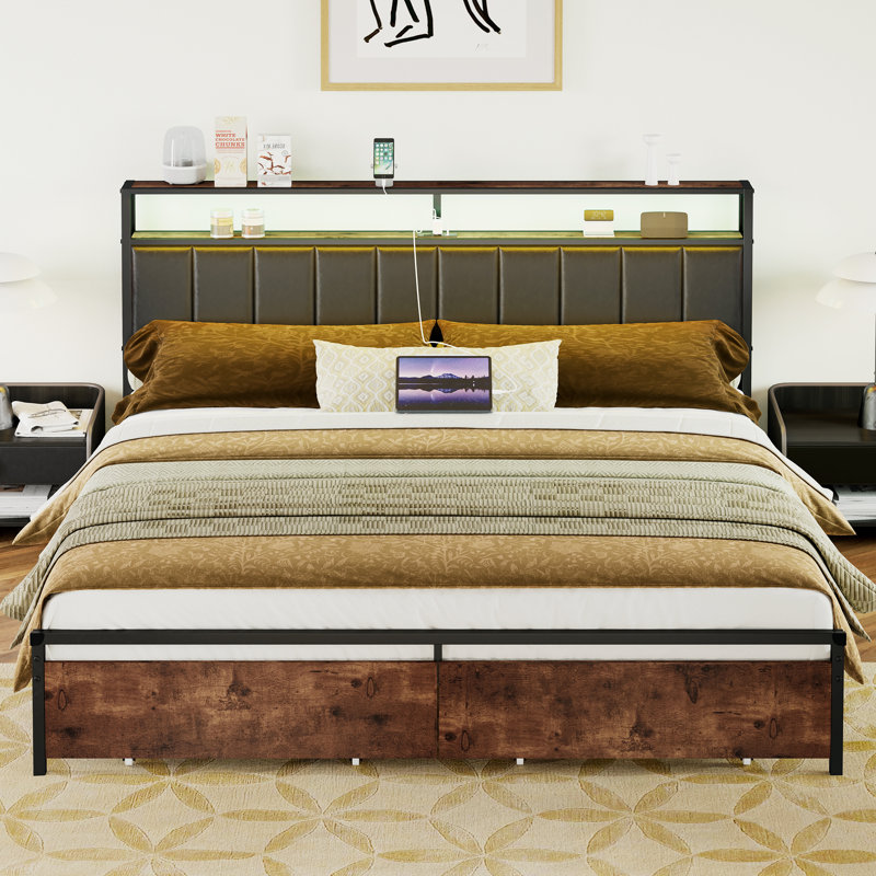Tryston LED Bed Frame with Drawers and Charging Station, Rustic Brown, King
