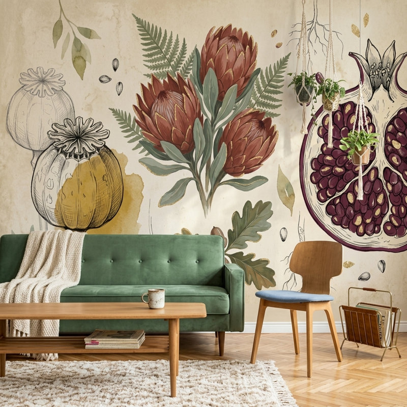 Papier peint botanique rétro avec illustration florale amovible de grenade, 200 po x 120 po, Non tissé