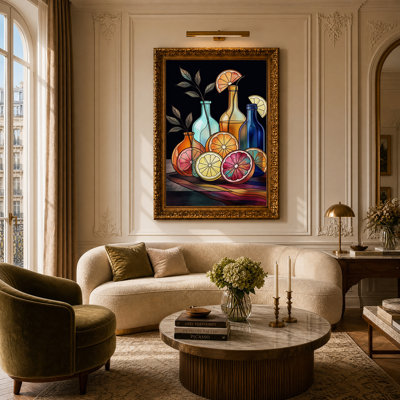 Bouteilles en verre et tranches d'agrumes sur toile à fond sombre