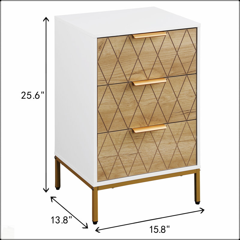 Table de chevet Mid-Century moderne avec 3 tiroirs spacieux, des pieds en métal doré et une ligne de coupe unique pour un rangement élégant