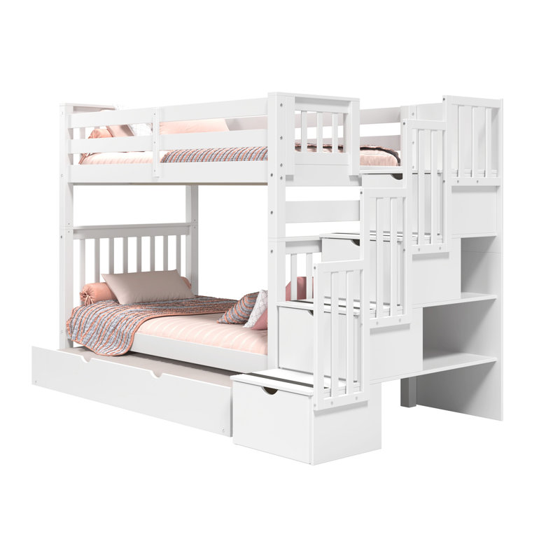 Tena Tall Solid Wood Standard Stairway Bunk Beds Twin over Twin, 4 Drawers in the Steps, Twin Trundle, White, White