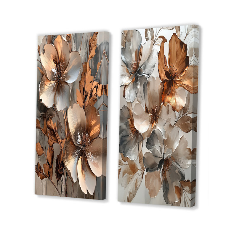 Cuivre métallique et chrome fleurs abstraites I - Collection de 2 toiles abstraites sur toile, H 32 po x l 33 po
