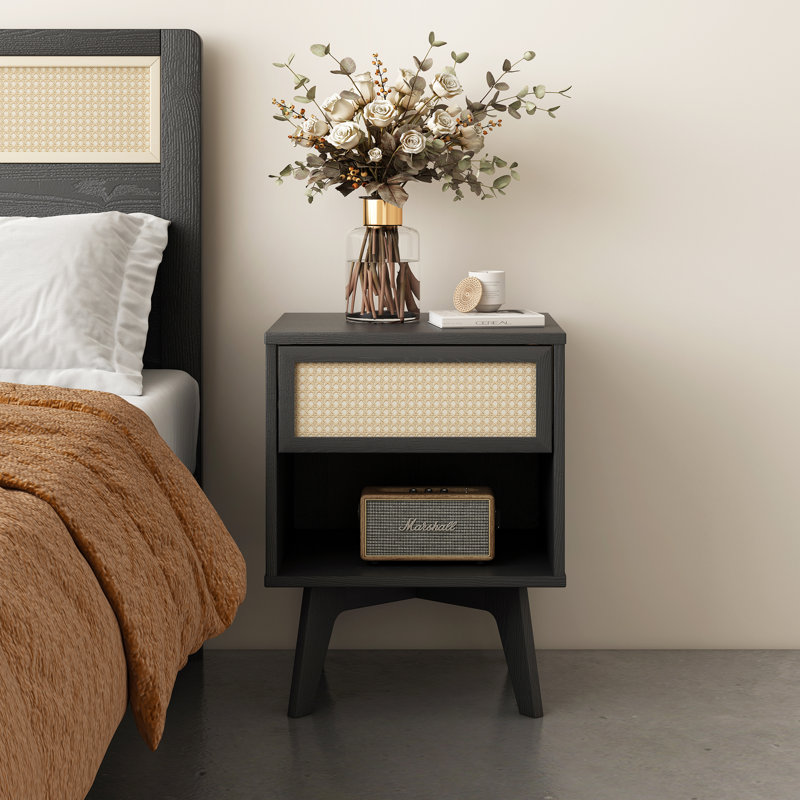 Nightstand Boho Bedside Table With Rattan Drawer