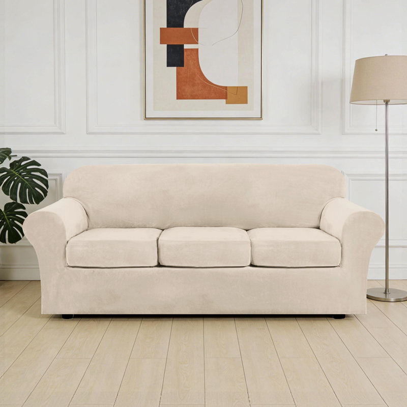 Modern Soft Velvet Plush 4 Piece High Stretch Sofa Slipcover Furniture Protector Luxury Thick Velvet Sofa Cover for 3 Cushion Couch Machine Washable