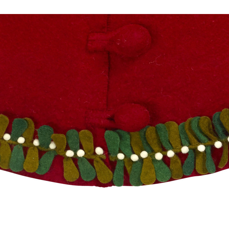 Handmade Red Felt Christmas Tree Skirt with Mistletoe Border