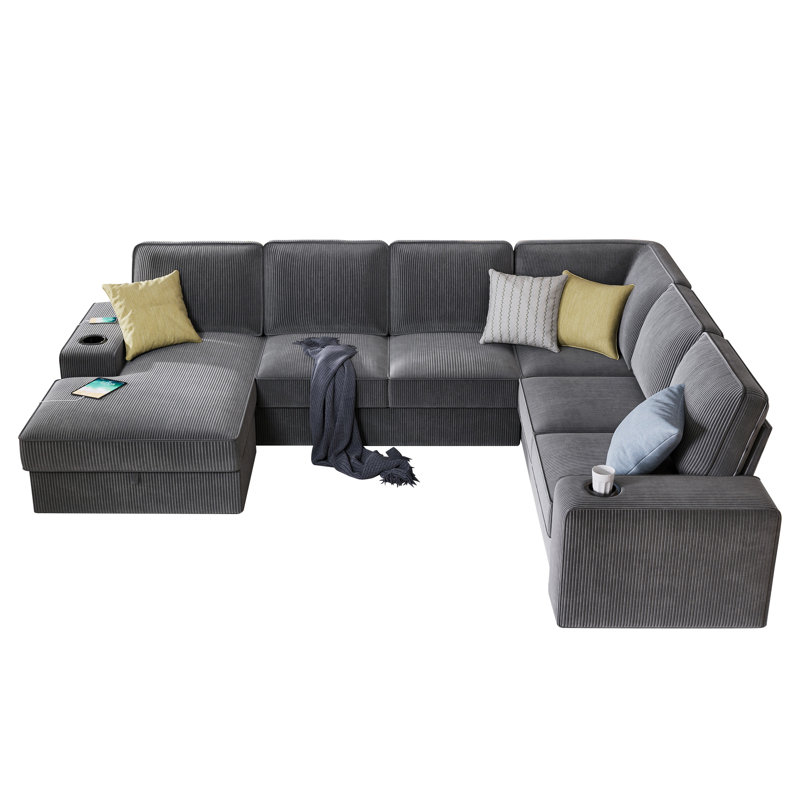 110" Modern Corduroy Sectional Sofa With Usb Charging Ports, Cup Holders & Storage Chaise, Gray, Gray Corduroy
