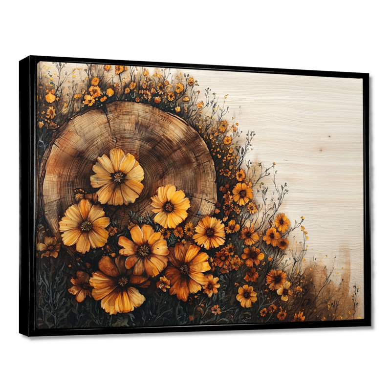 Fleurs sauvages sur une rivière en bois - Art mural, H 12 po x l 20 po, Impression encadrée flottante, Noir