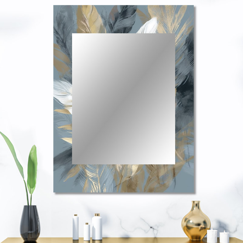 Or et gris Impressions de Bohemian Energy II - grand miroir mural en plumes de Boho, 40 po x 30 po