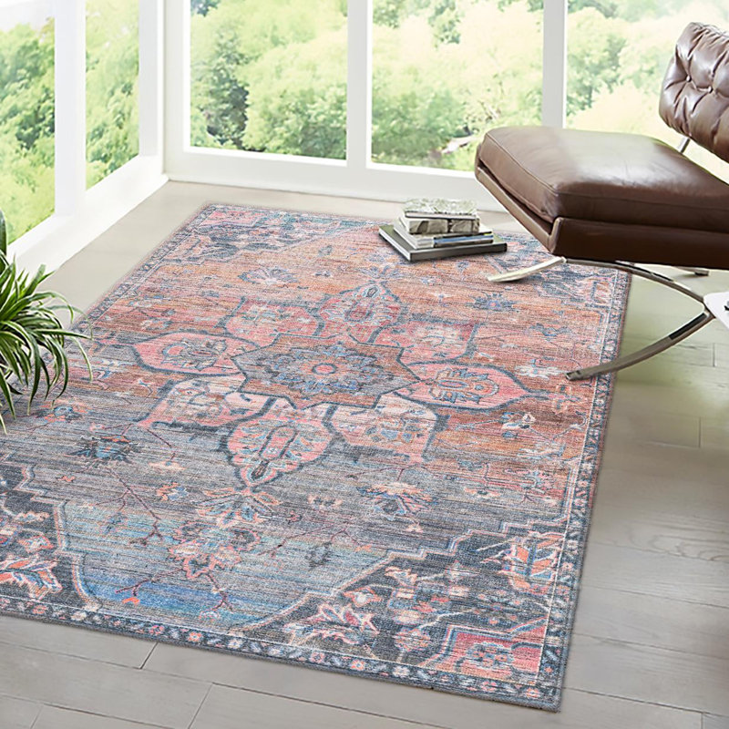 Tapis oriental rose / bleu Gwin, Rectangle 5 pi 3 po x 8 pi