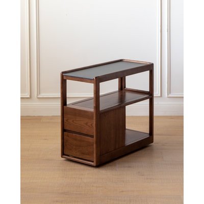 Table de bout mobile en chêne massif assemblé 26,7 po avec plateau en pierre frittée, tablette de rangement, tiroir et roulettes