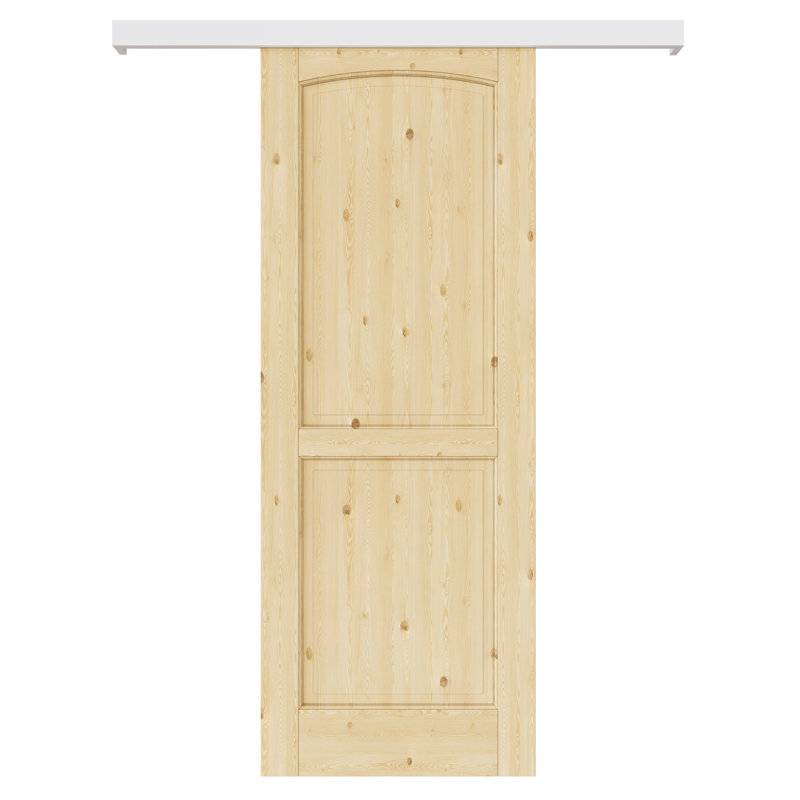 Ensemble de porte de grange arquée à deux panneaux en pin massif avec tringle dissimulée et quincaillerie d'installation / aucun assemblage requis