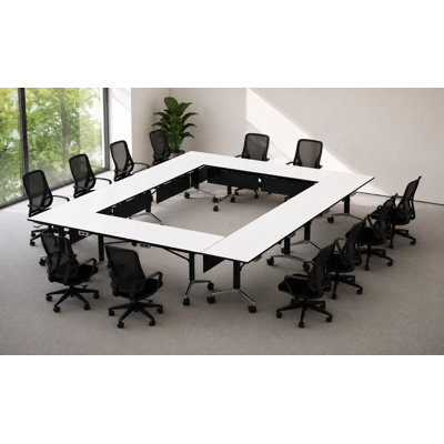 12 Person Fold-up Training Tables, Extra Long for Seminars and Conferences with White colour Thick Tops, Fold-Up Legs & Integrated Power Boxes includes commercial Office Chairs.