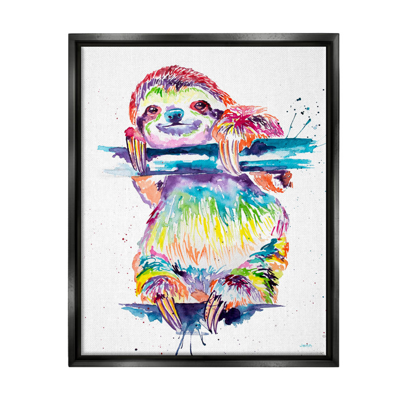 «Fun Rainbow Sloth Wildlife» par Jen Seeley - peinture sur toile à cadre flottant, H 21 po x l 17 po x P 1,7 po