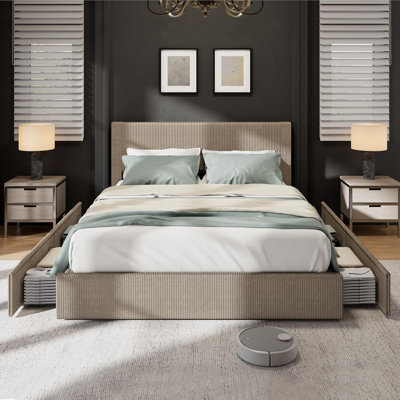 Full/Queen/King Bed Frame with Wingback Headboard - 4 Storage Drawers, Corduroy Upholstered, No Box Spring by Ebern Designs