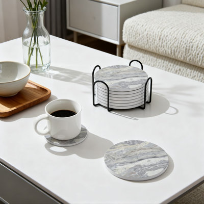 Set Of 6 Absorbent Ceramic Coasters With Metal Holder, Cork Backing For Table Protection, Minimalist Home Decor, Coffee Table Accessories