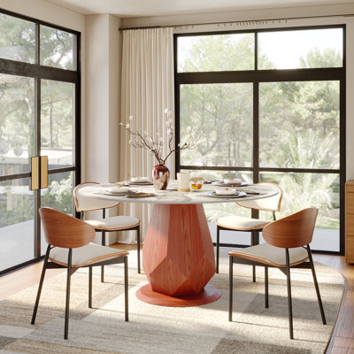 5Pcs Modern Geometric Round  Dining Table Set With Elegant Upholstered Chairs