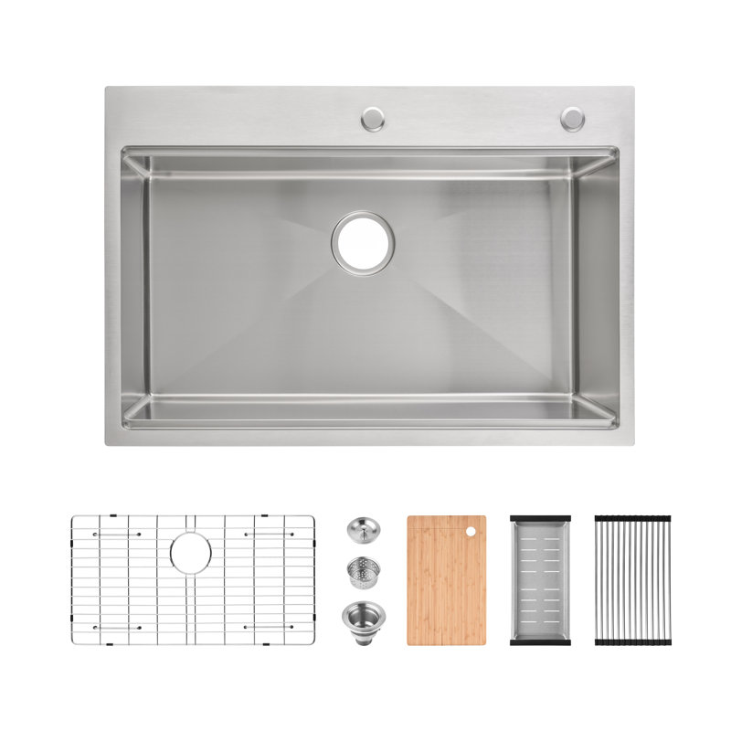 33" L Single Bowl Overmount Handmade Kitchen Sink Stainless Steel Workstation Sink with Cutting Board, Colander, Grid, Dish Rack