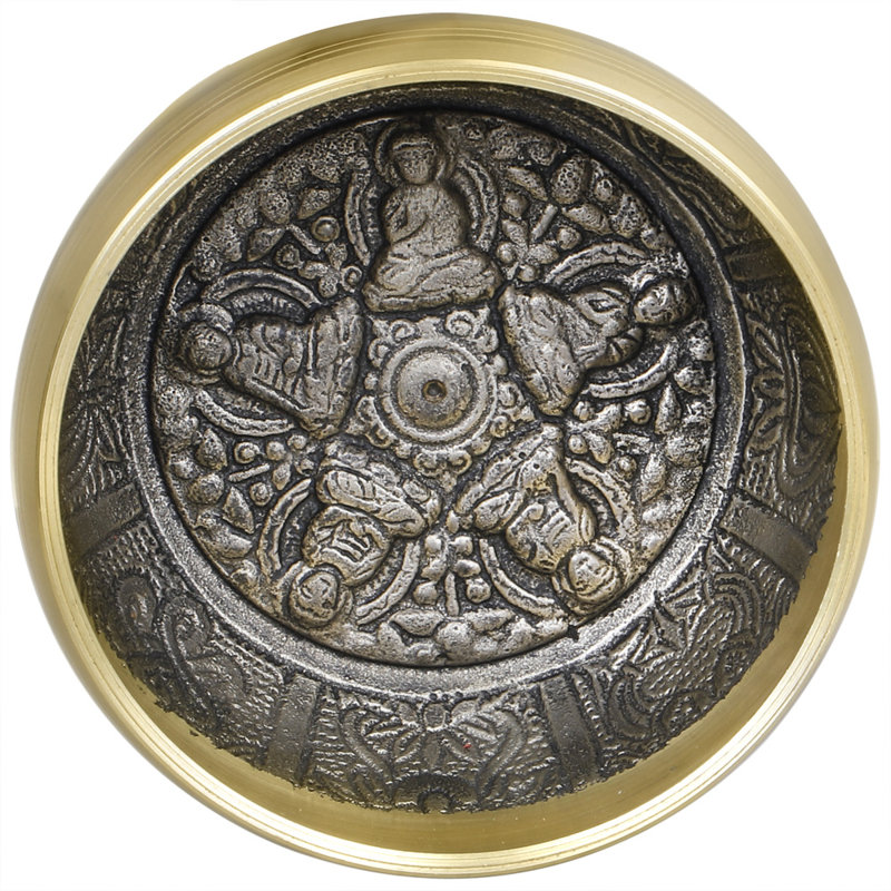 Bol chantant de 4 po sculpté avec des mantras propices et cinq bouddhas Dhyani en laiton | Fabriqué à la main | Fabriqué en Inde