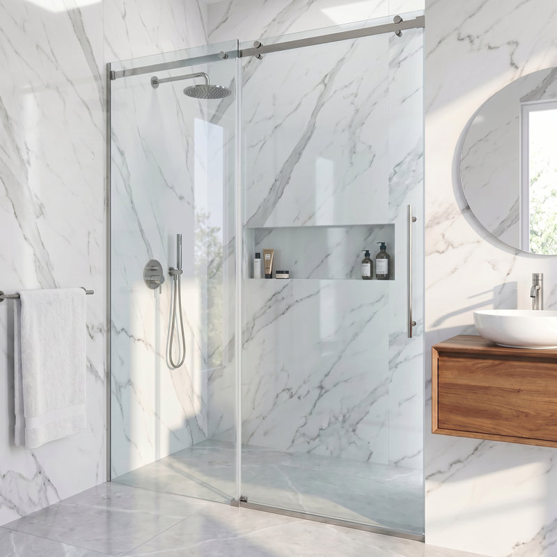 Luca 56-60" W x 79" H Sliding Frameless Shower Door with 3/8" Clear Glass, Stainless Steel