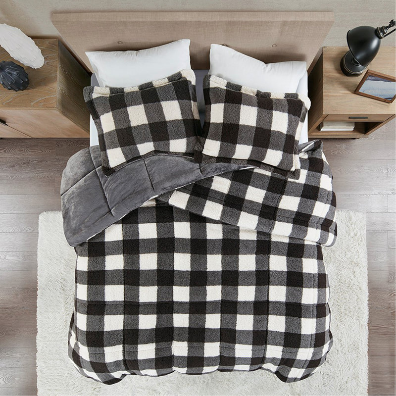 Ensemble d'édredon en duvet synthétique Sherpa, Très grand + 2 pièces supplémentaires, Noir / blanc carreauté