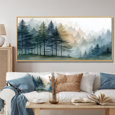 Morning Fog Pine Tree Mountain Trail - Pine Framed Wall Art, Blue Nature Canvas Print