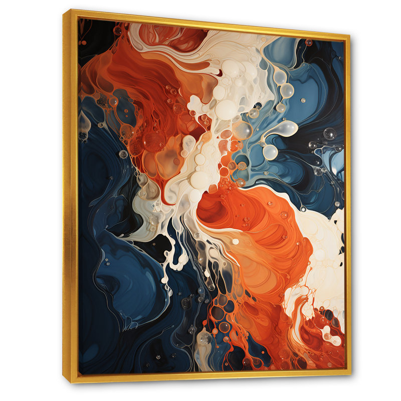 Encre liquide bleue et orange V - Art mural abstrait, Cadre flottant doré, H 44 po x l 34 po x P 1,5 po