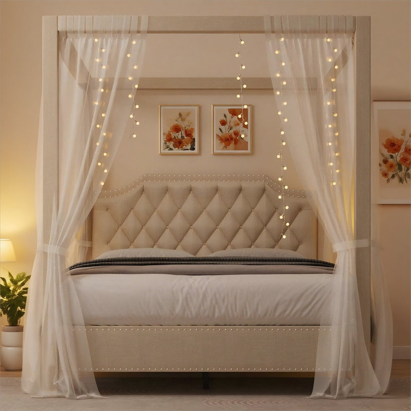 Upholstered Canopy Bed Frame with Tufted Headboard, Nailhead Trim, No Box Spring Needed, Queen, Beige