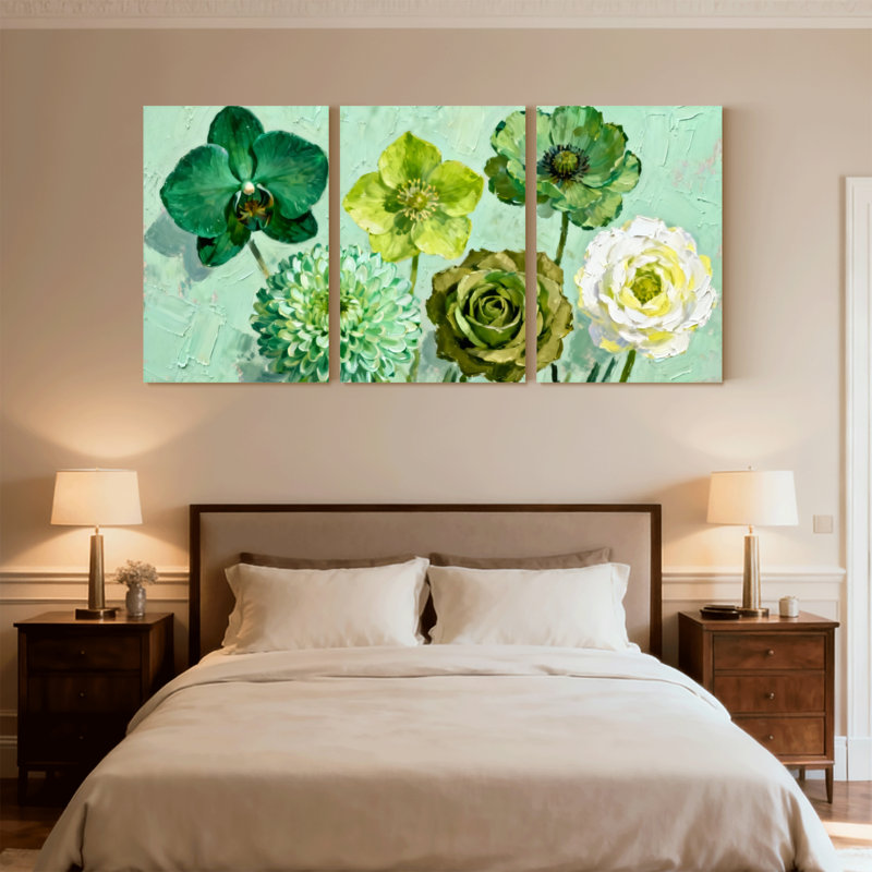 Plantes et fleurs, fleurs vertes, ensemble de 3 reproductions d'art sur toile, H 18 po x l 36 po