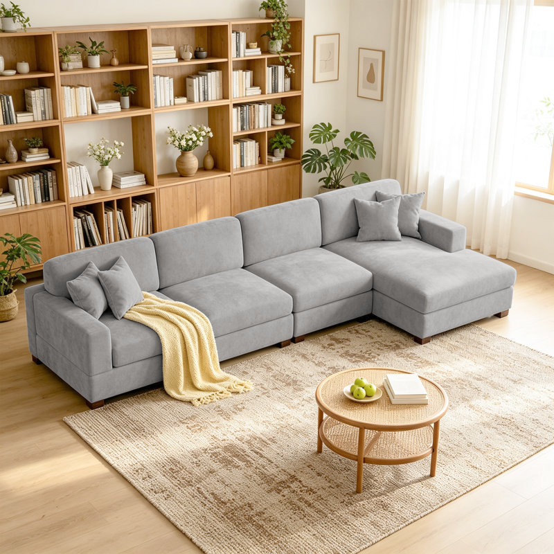 4 - Piece Upholstered Gray Chenille Modular Sectional Sofa with Armrests & Throw Pillows, Right Hand Facing, Gray Chenille