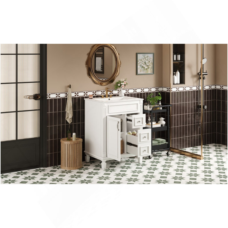 Meuble-lavabo 24 po avec lavabo en céramique, petite armoire de salle de bain, armoire moderne avec 2 tiroirs et tablette réglable