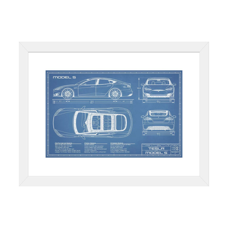 Modèle Tesla S (2016-2020) Blueprint-impression de dessin, Papier encadré blanc, Blanc, H 24 po x l 32 po x P 1 po