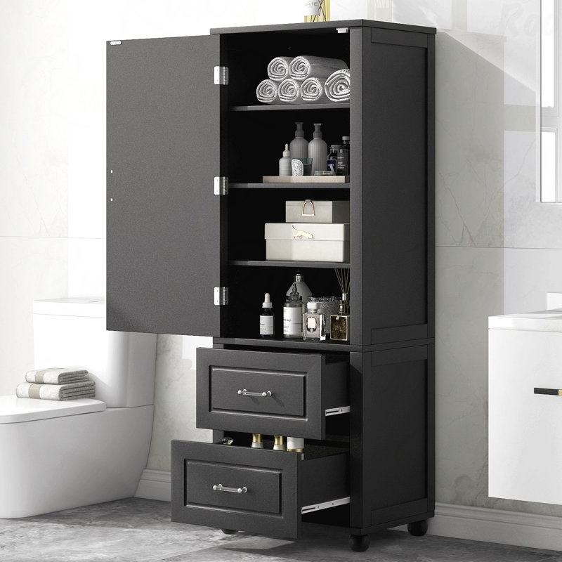 Tall Bathroom Storage Cabinet, Freestanding Storage Cabinet With Two Drawers And Adjustable Shelf, Mdf Board With Painted Finish, Black