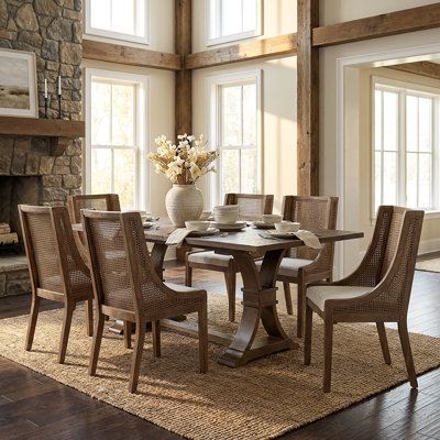 Levi 7-Piece Pedestal Dining Table Set With Upholstered Chairs & Rattan Back