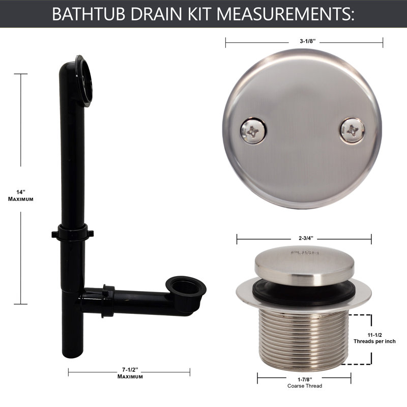 Ensemble de drain de baignoire 14 po en polypropylène noir avec trop-plein à 2 trous, Acier inoxydable