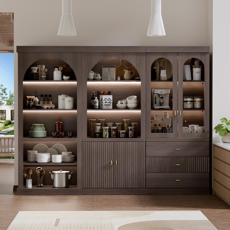 Ensemble de 3 armoires de rangement autoportantes arquées avec portes en verre et éclairage à DEL, Armoire standard