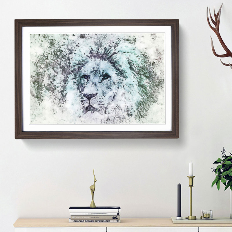 A Lion Portrait in Abstract - Picture Frame Painting Print on MDF, Walnut Framed, 36cm H x 48cm W x 2cm D