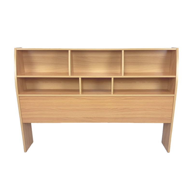 Tête de lit bibliothèque pleine grandeur avec deux tablettes et cinq pieds courbés de couleur hêtre pour le rangement et l'organisation