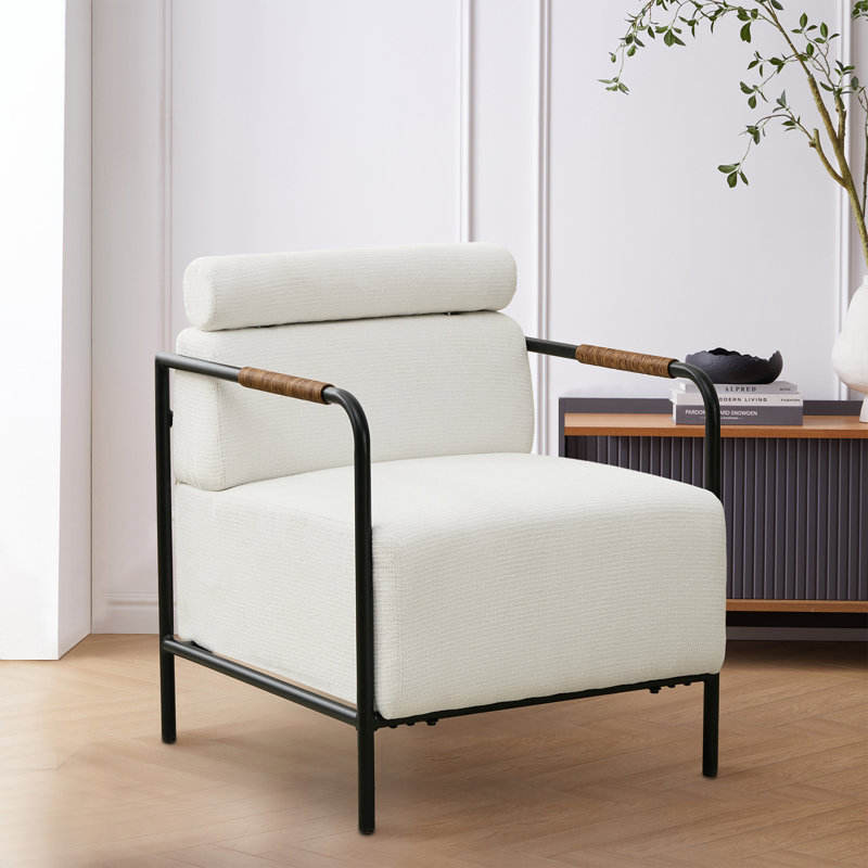 Sinobi Upholstered Accent Armchair with Metal Frame, White Chenille