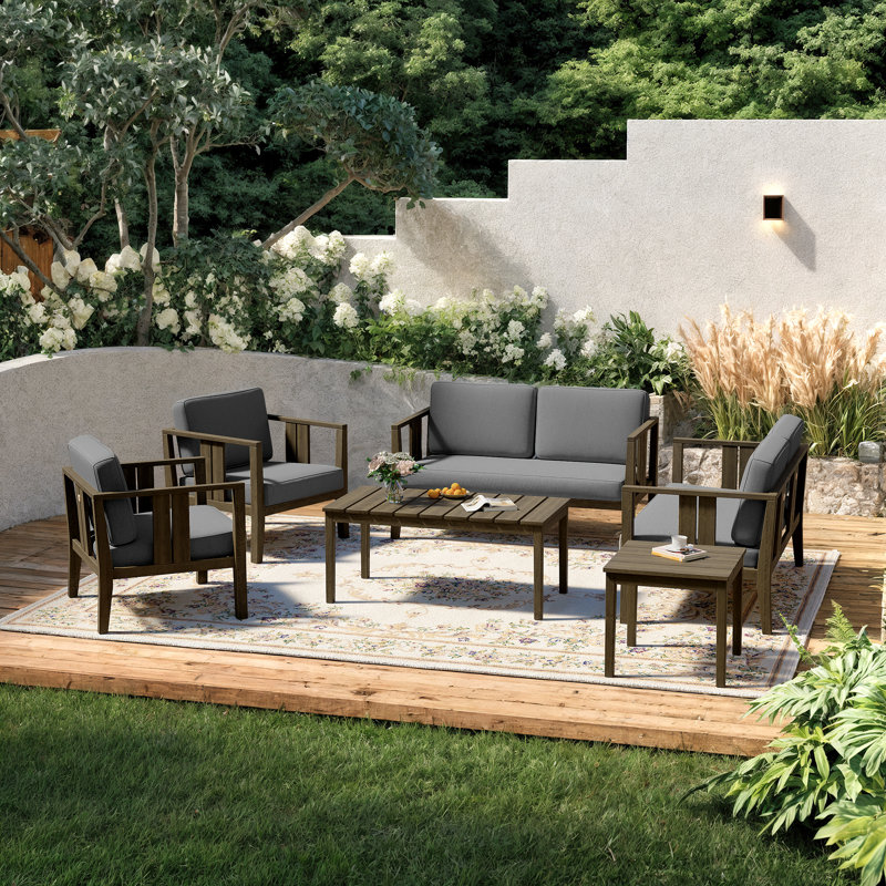 Junco Teak Outdoor Six-person Patio Set With Cushions And Two Tables, Brown, Gray