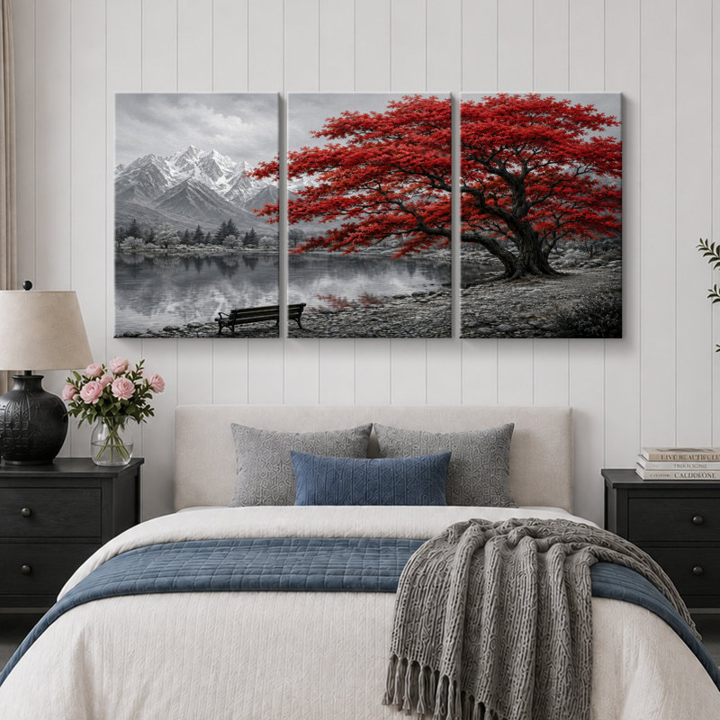 «Red Tree Mountain Lake», art du paysage, impression sur estampe numérique sur toile encadrée, 3 pièces, Toile tendue
