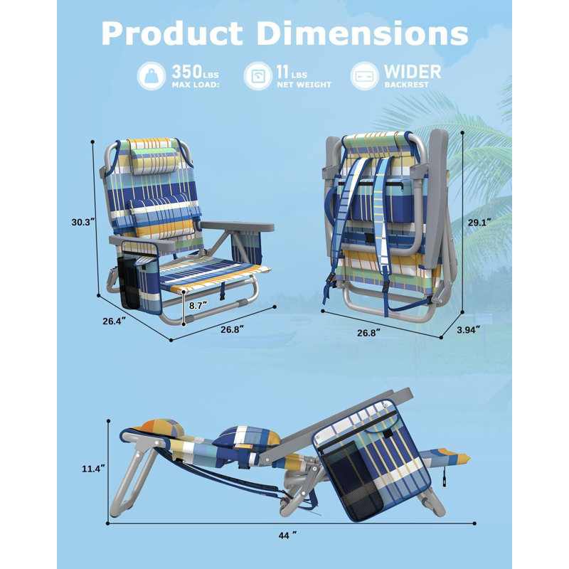 Backpack Beach Chair Reclining, Portable Folding Beach Chairs with 5 Adjustable Positions, Built-in Cooler & Backpack Straps