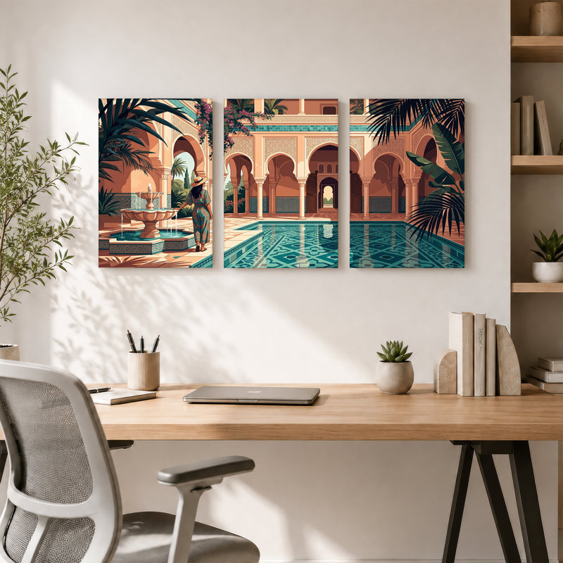 Ensemble de 3 toiles marocaines, cour marocaine avec piscine et arches, 24"H x 16"W x 3pcs
