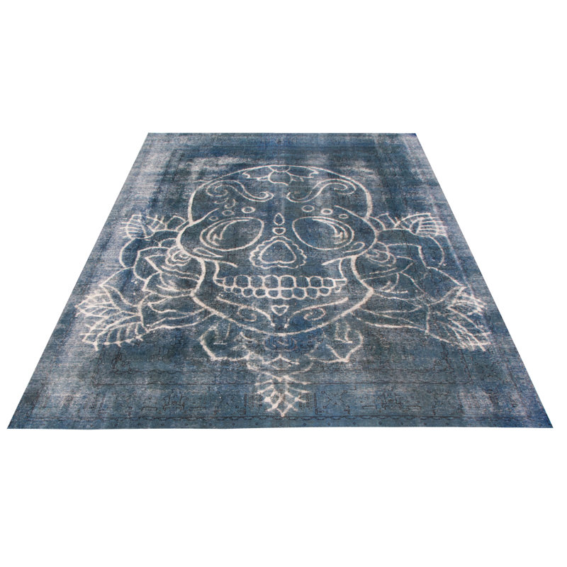 Tapis bleu foncé en laine noué à la main de conception unique 8 pi 1 po x 11 pi 3 po New Age