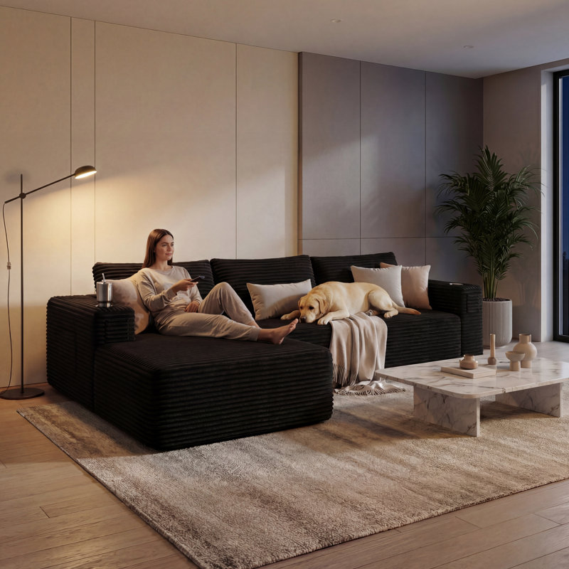 108" Modern L-Shaped Compression Sectional Sofa With Chaise Deep Seat Corduroy Upholstered Couch, Black Corduroy