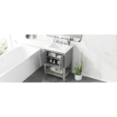 Grey Modern Bathroom Vanity, Ceramic Sink, Water- Solid Wood & Open Shelf 24" Vanity With Elegant Frame Style Storage