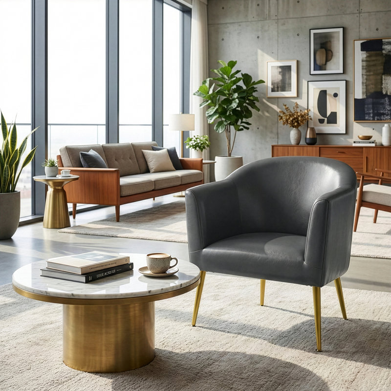 Gohil Faux Leather Armchair, Gray Faux Leather