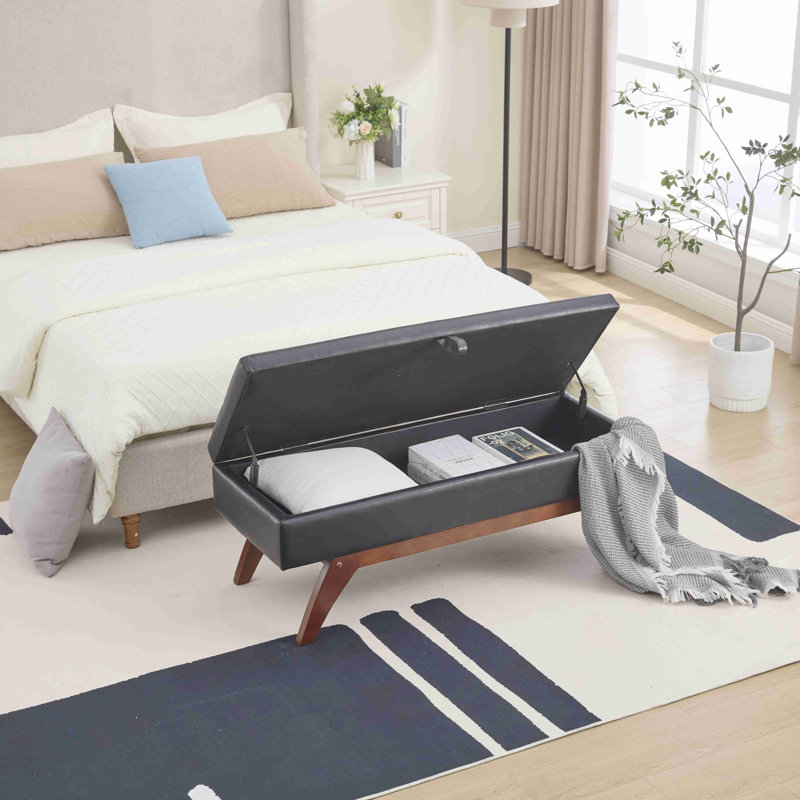  46.8'' Wide Rectangle Storage Ottoman Faux Leather Ottoman With Storage Bedroom Bench Upholstered Bench, Gray