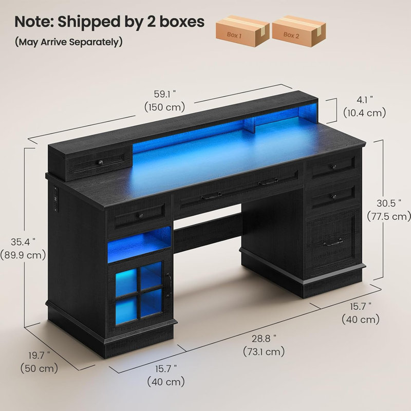 59" Computer Desk With 5 Drawers And Charging Station, Farmhouse Office Desk For Home Office, Black