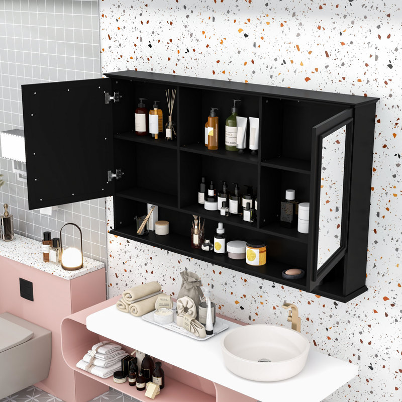 Armoire à pharmacie de salle de bain avec tablettes ajustables en miroir et rangement ouvert, Noir